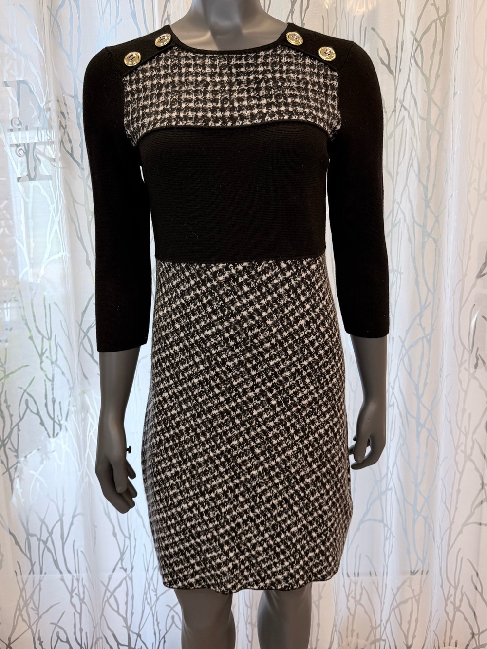 Vintage Luisa Spagnoli New Wool Knit Dress Houndstooth Gold Crest Buttons Size M